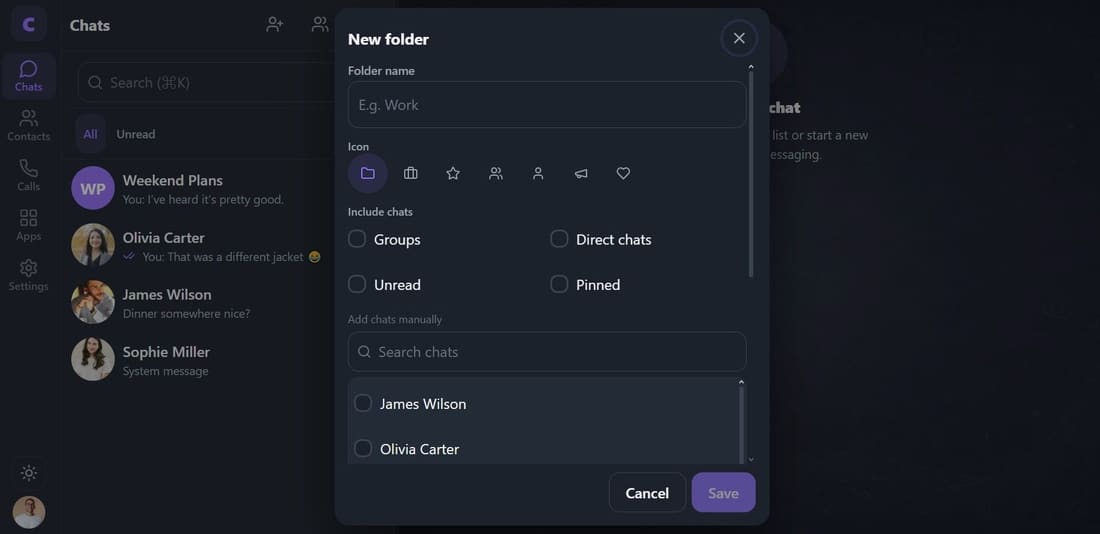 The folder editor, with the filtering rules that decide which chats land in it.