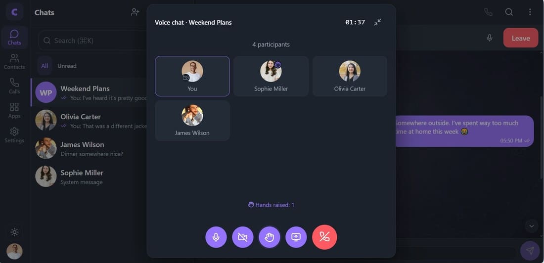 A group call with four participants; one of them has a raised hand.