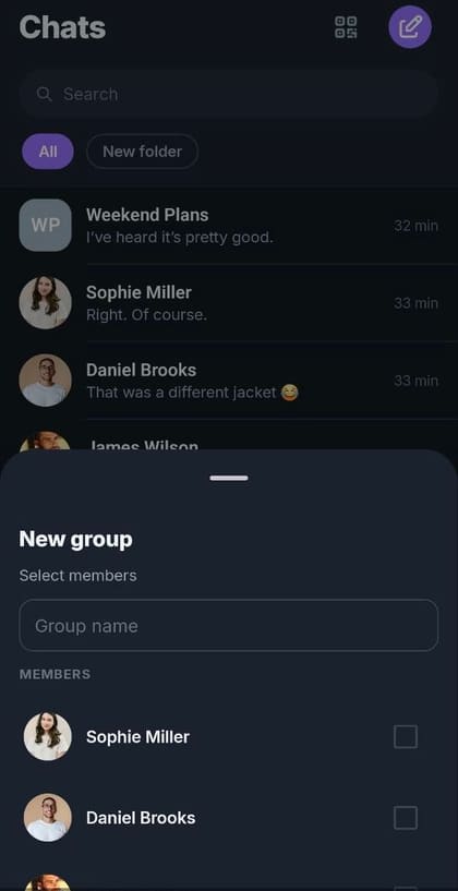 The chat list on a phone, with the screen for creating a new group.