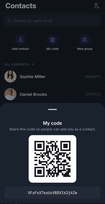 An invite screen on a phone, showing a QR code and an invite code to pass on.