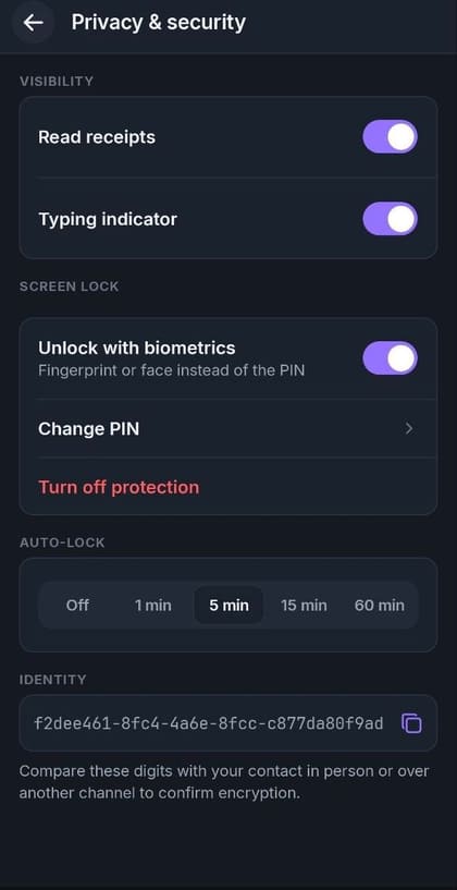 Privacy settings on a phone: biometric unlock, auto-lock and the safety number used to verify a contact.