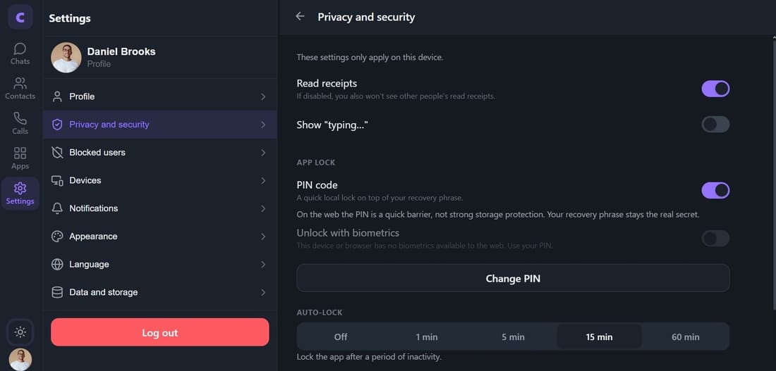 Privacy settings: read receipts, a PIN and an auto-lock timer.